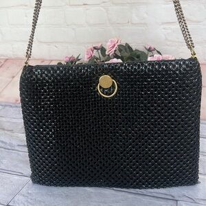 80’s clutch black mesh chain strap hinged opening evening bag
